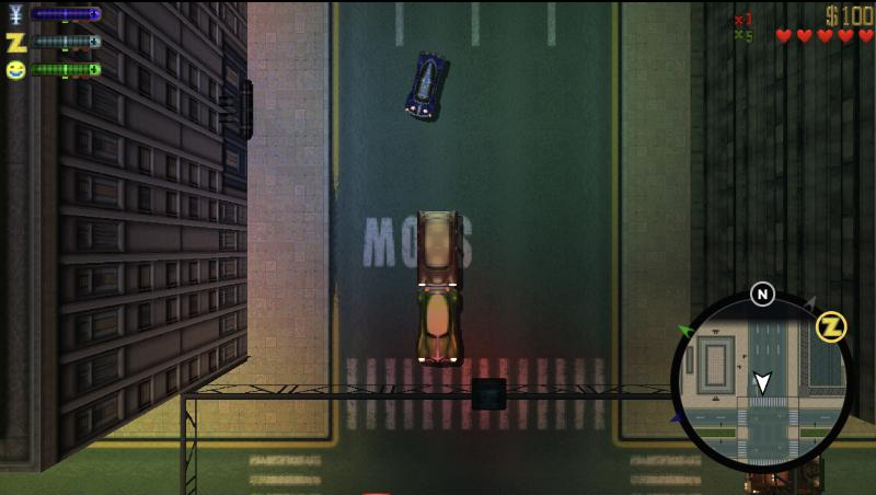 GTA2's Downtown district in widescreen, with the round radar